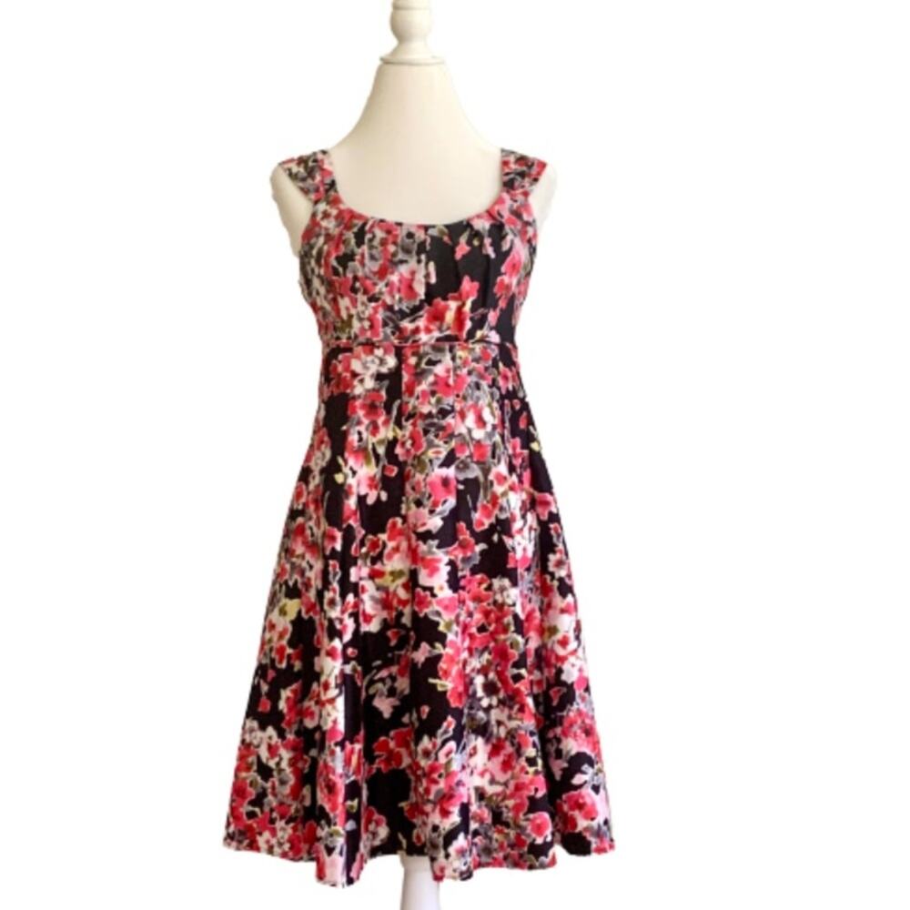 Jessica H Dress Black Pink Floral Sleeveless Fit Flare Summer Party Size 6